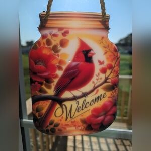 2D Mason Jar "Welcome" Cardinal Suncatchers 6.5" x 5"
